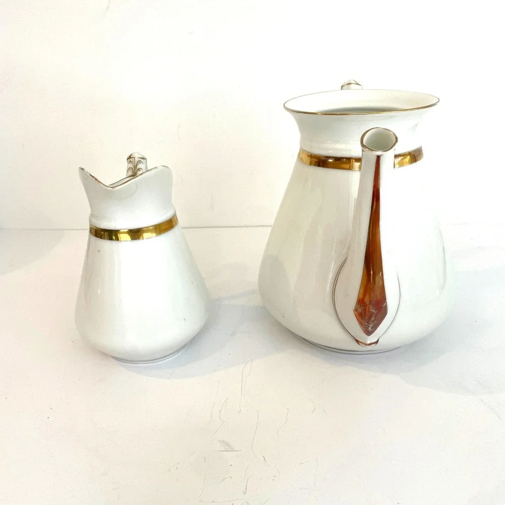 Antique CFH GDM Limoges France White Gold Porcelain Wedding Ring Teapot Creamer